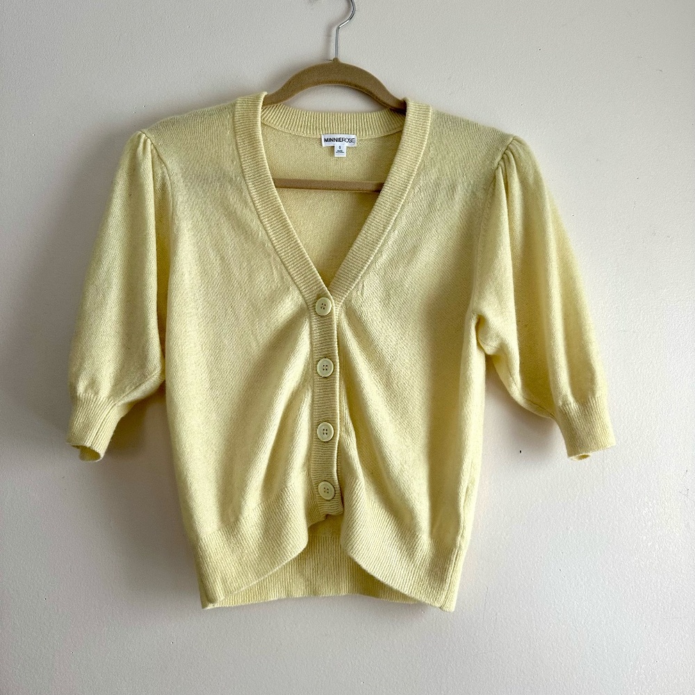 Minnie Rose Lemon Yellow V-Neck Button Cashmere Cardigan